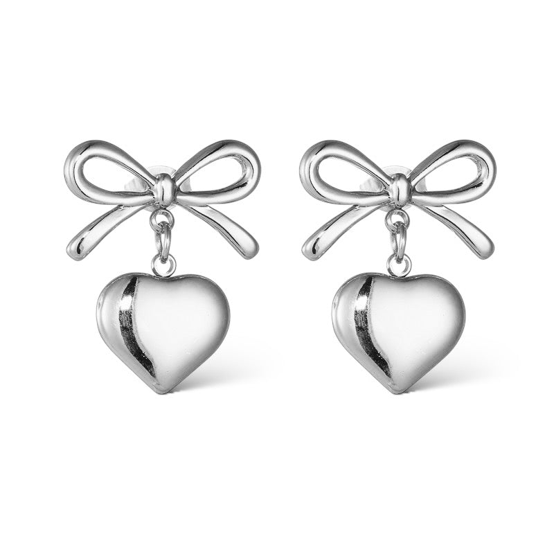 Bow Heart Silver Earrings