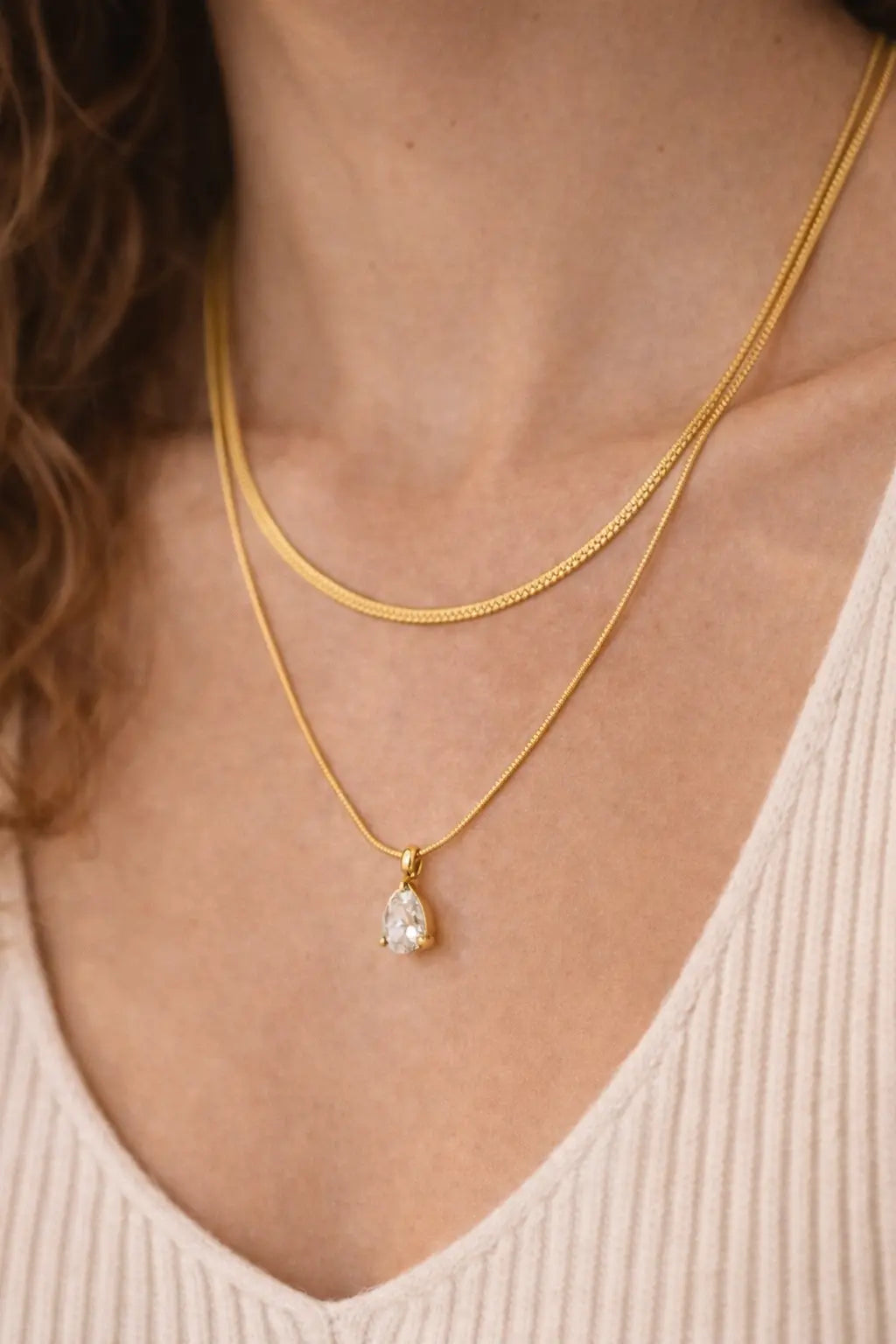 Aria Pear Pendant Necklace – Layered Gold Stainless Steel Necklace Valeria Gioielli