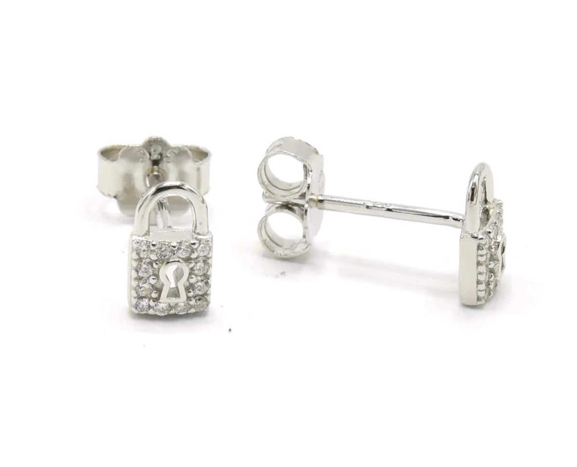 Simple Style Zirconia Lock Earrings | Sterling Silver 925