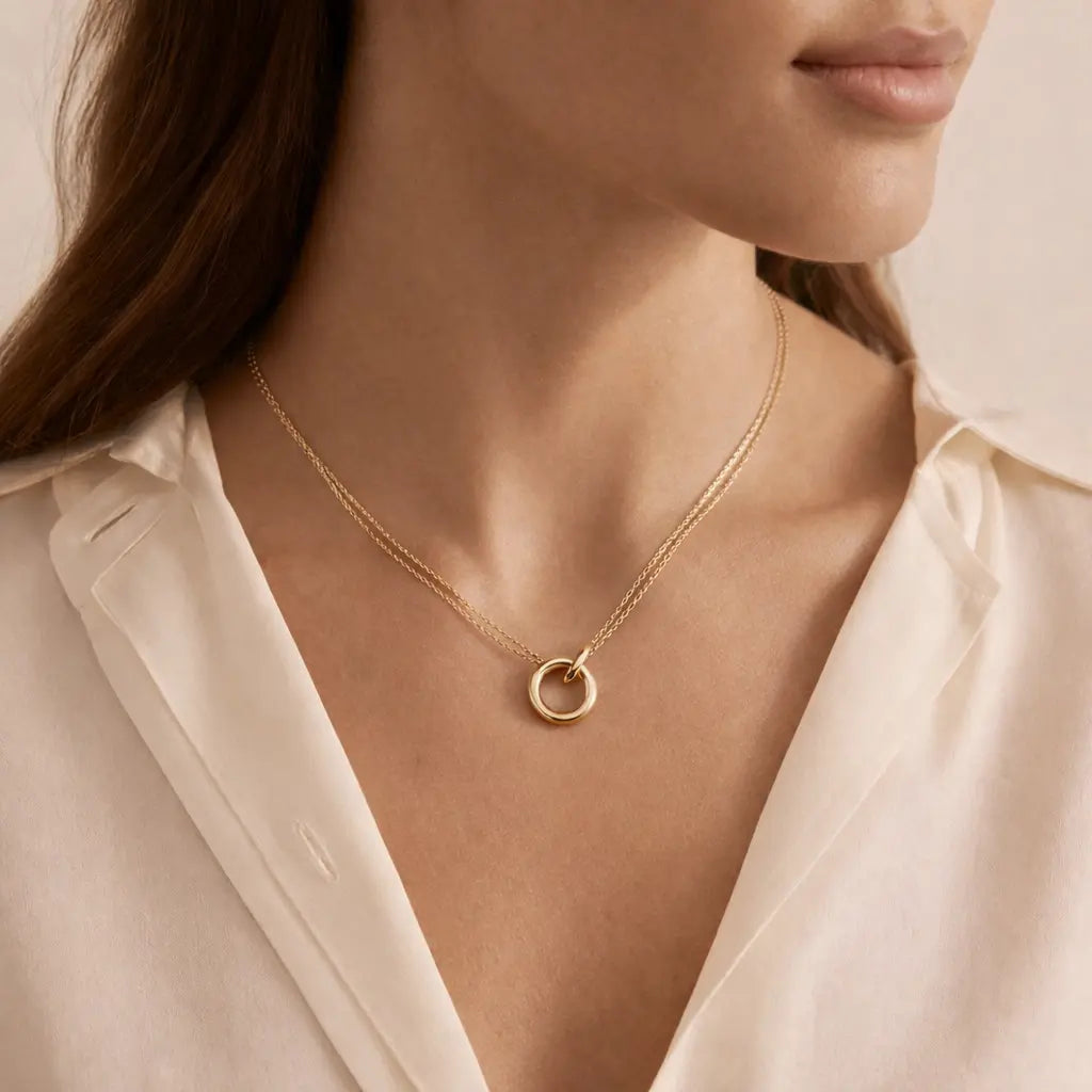 Double Chain Circle Pendant Necklace – Gold Stainless Steel Valeria Gioielli